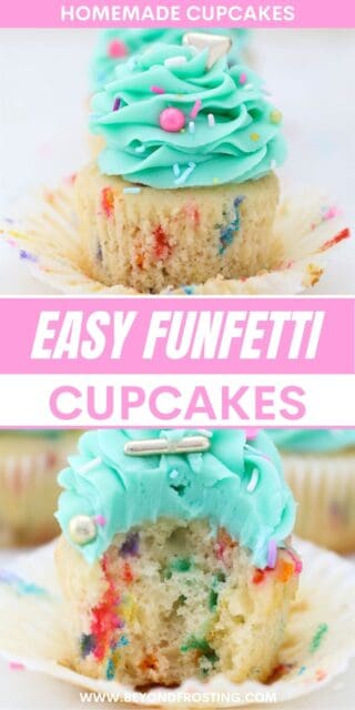 Pinterest image with text overlay of decorated funfetti cupcakes