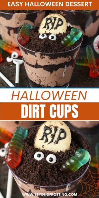 Pinterest title image for Halloween Dirt Cups.