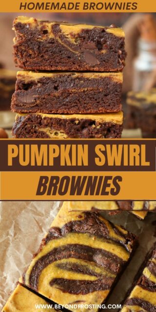 Pinterest title image for Pumpkin Swirl Brownies.