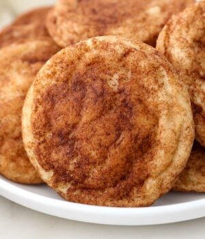 Close up of snickerdoodle cookies on a white plate.
