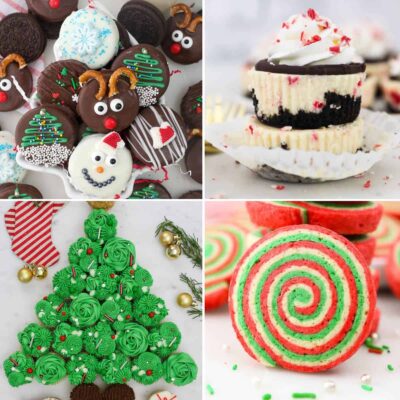 A collage of 4 images of Christmas desserts, Oreos, peppermint cheesecake, Christmas cupcakes and pinwheel cookies