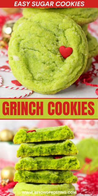 Pinterest title image for Grinch Cookies.