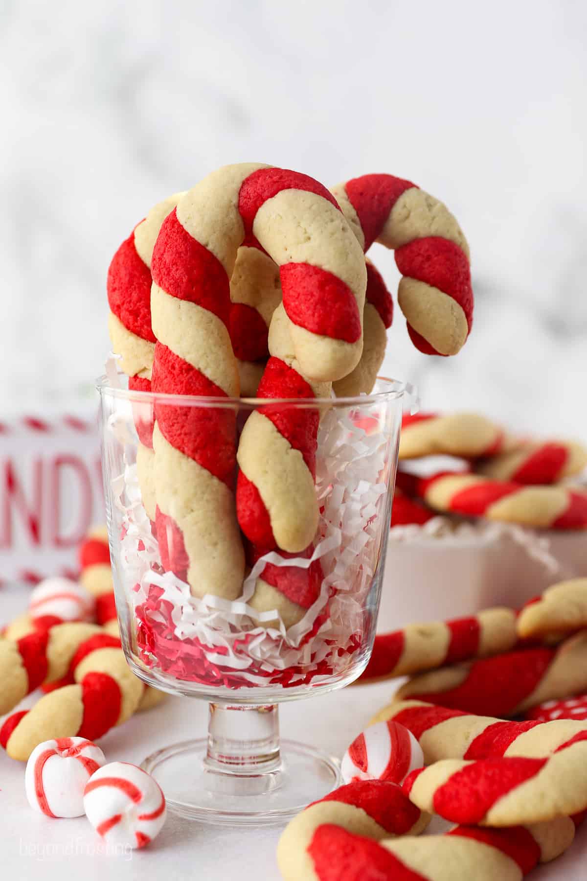 Candy cane cookies arranged in a glass, surrounded by more cookies on a white countertop.
