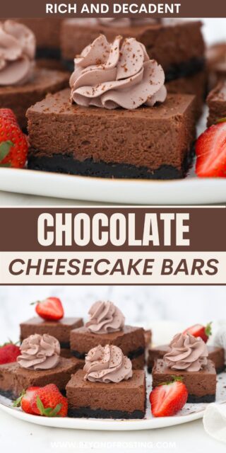 Pinterest image of chocolate cheesecake bars with text overlay