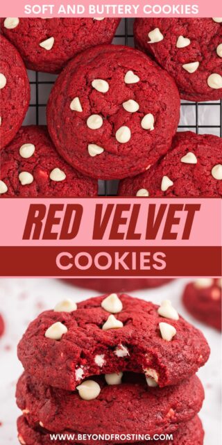 Pinterest title image for Red Velvet Cookies.