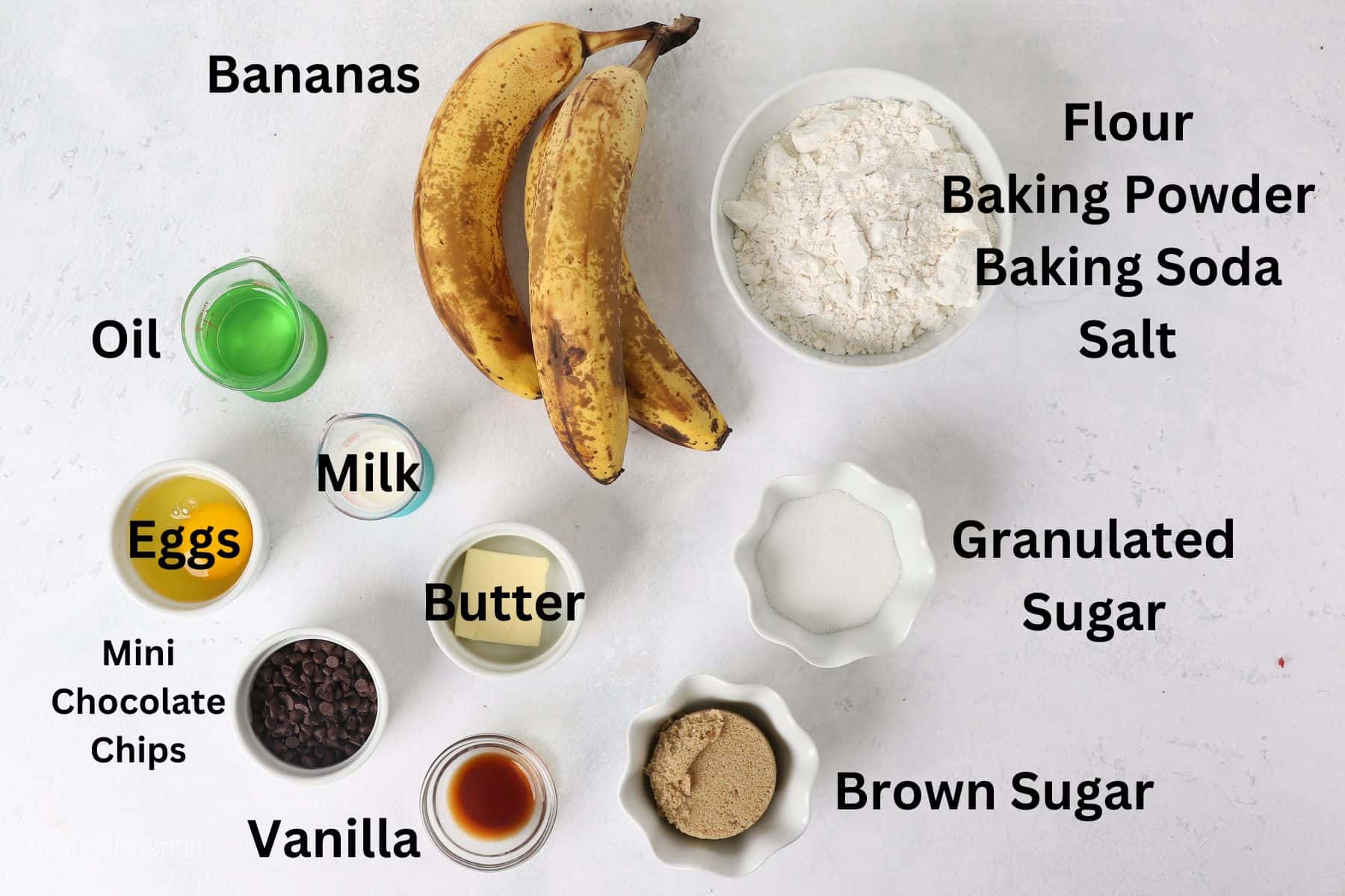 Ingredients needed for banana chocolate chip muffins with text labels overlaying each ingredient.
