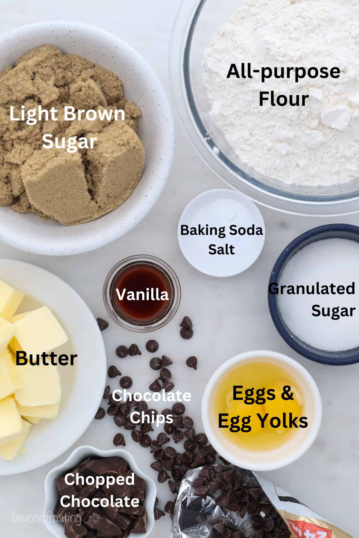 Ingredients needed for giant chocolate chip cookies.