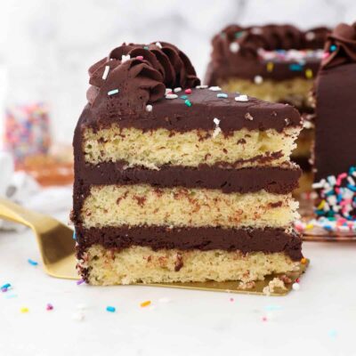 A slice of yellow layer cake with chocolate frosting on a gold spatula