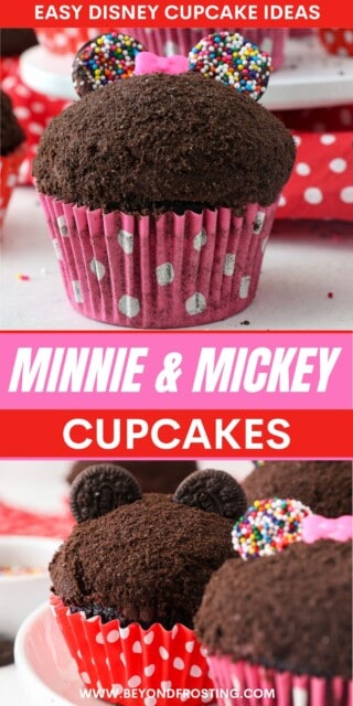 Pinterest title image for Mickey and Minnie Mouse Cupcakes.