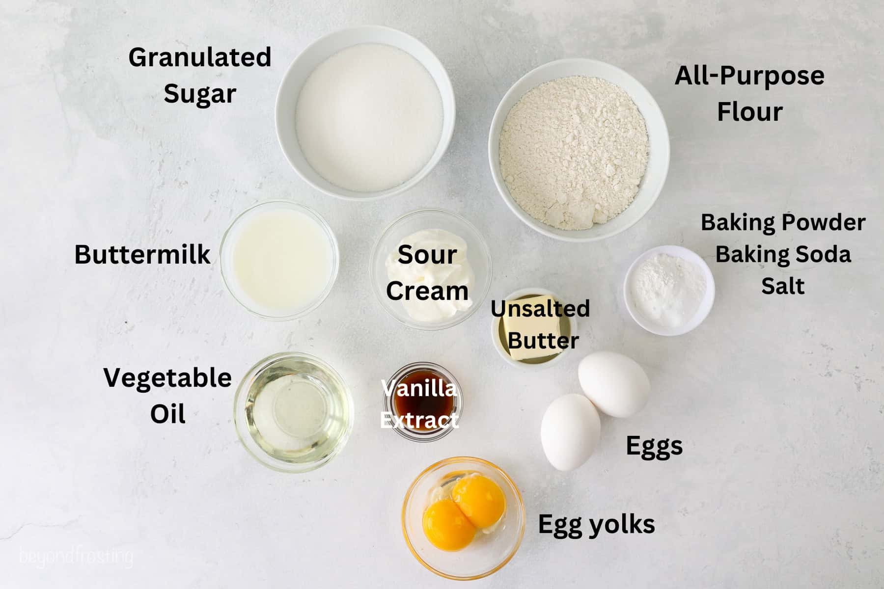 Ingredients for homemade yellow cake in white and clear bowls with text overlay