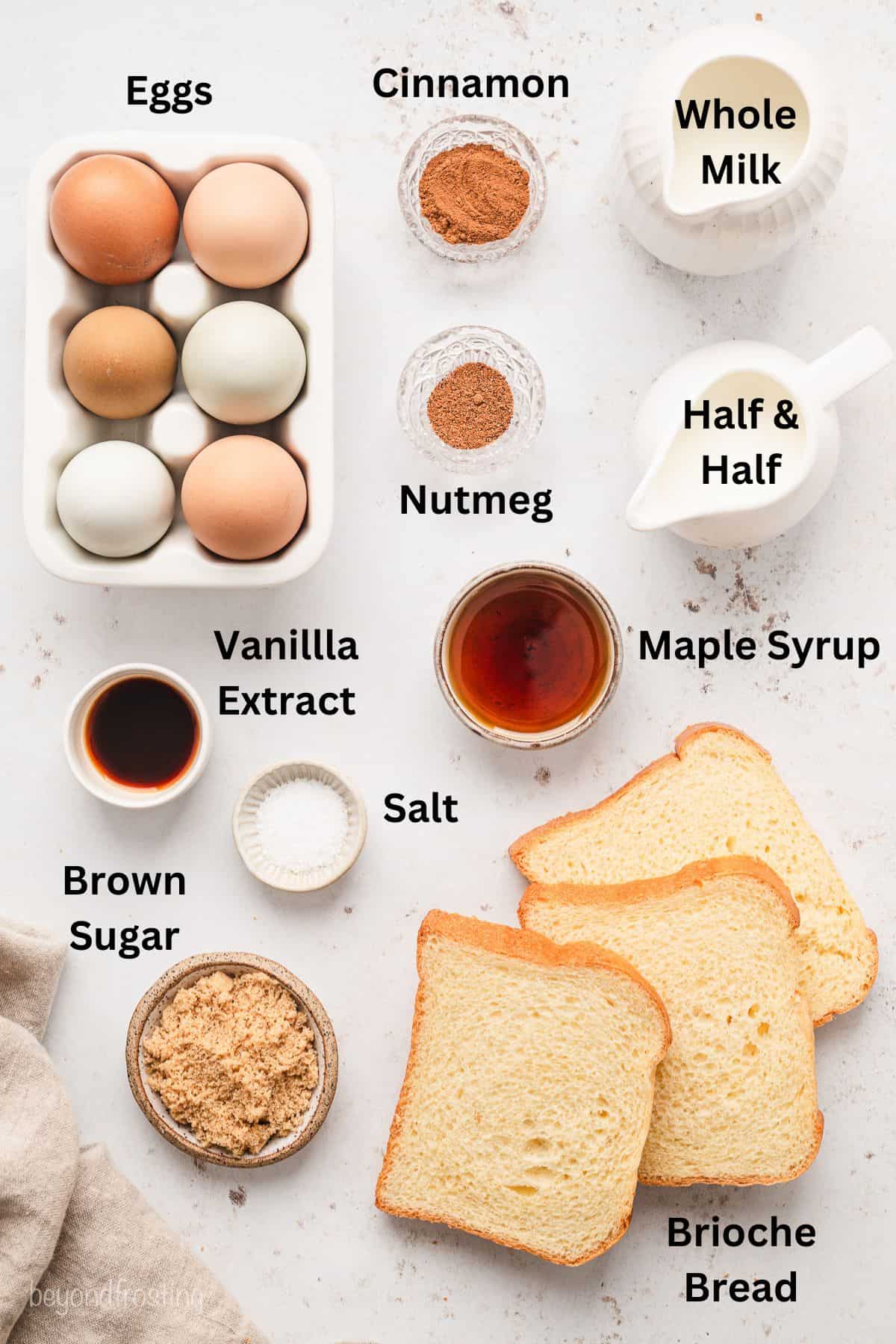 Ingredients for brioche French toast casserole with text labels overlaying each ingredient.