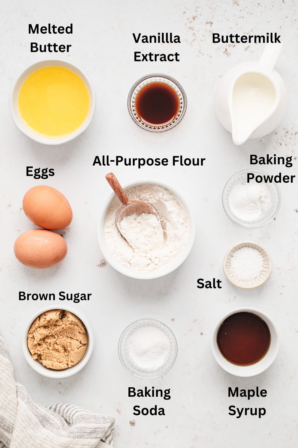 Ingredients for buttermilk pancakes with text labels overlaying each ingredient.