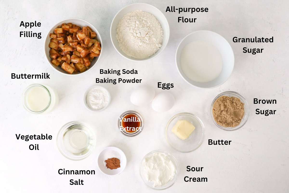 Apple muffin ingredients with text labels overlaying each ingredient.