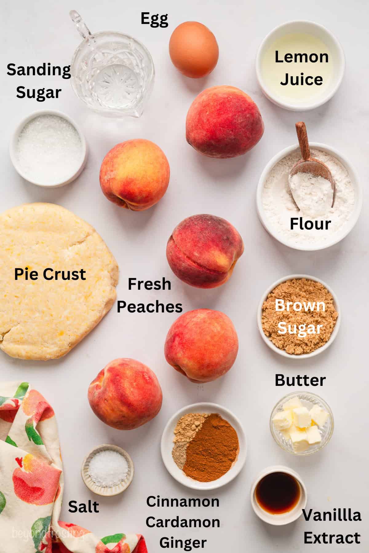 Ingredients for peach pie with text labels overlaying each ingredient.