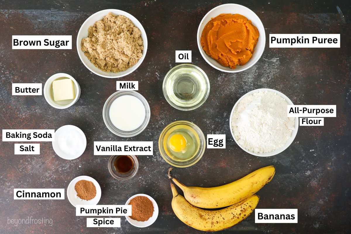 Pumpkin banana bread ingredients with text labels overlaying each ingredient.