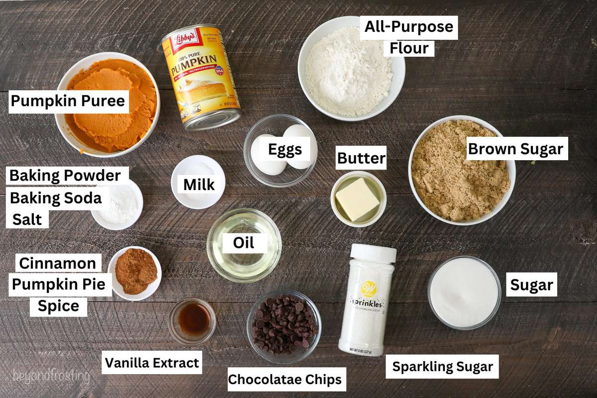 Ingredients for pumpkin chocolate chip muffins with text labels overlaying each ingredient.