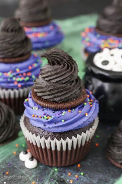 A Halloween themed Witch Hat Cupcake