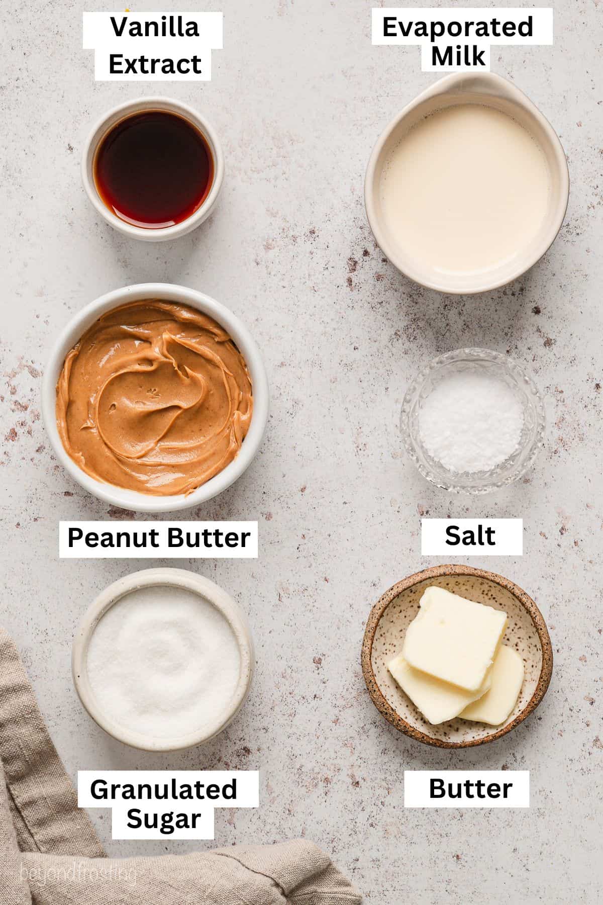 Classic peanut butter fudge ingredients with text labels overlaying each ingredient.