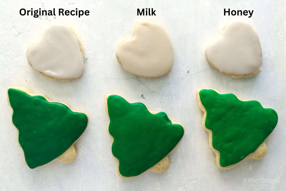 Three sets of cookie decorating with icing showing the different consistencies