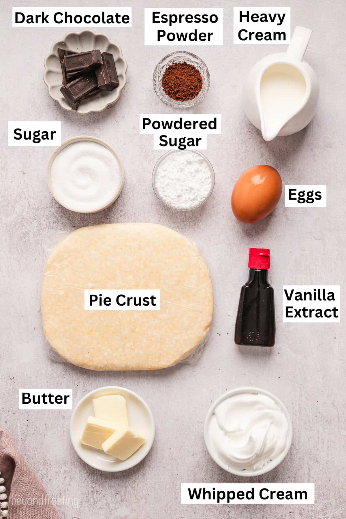 Ingredients for French silk pie with text labels overlaying each ingredient.