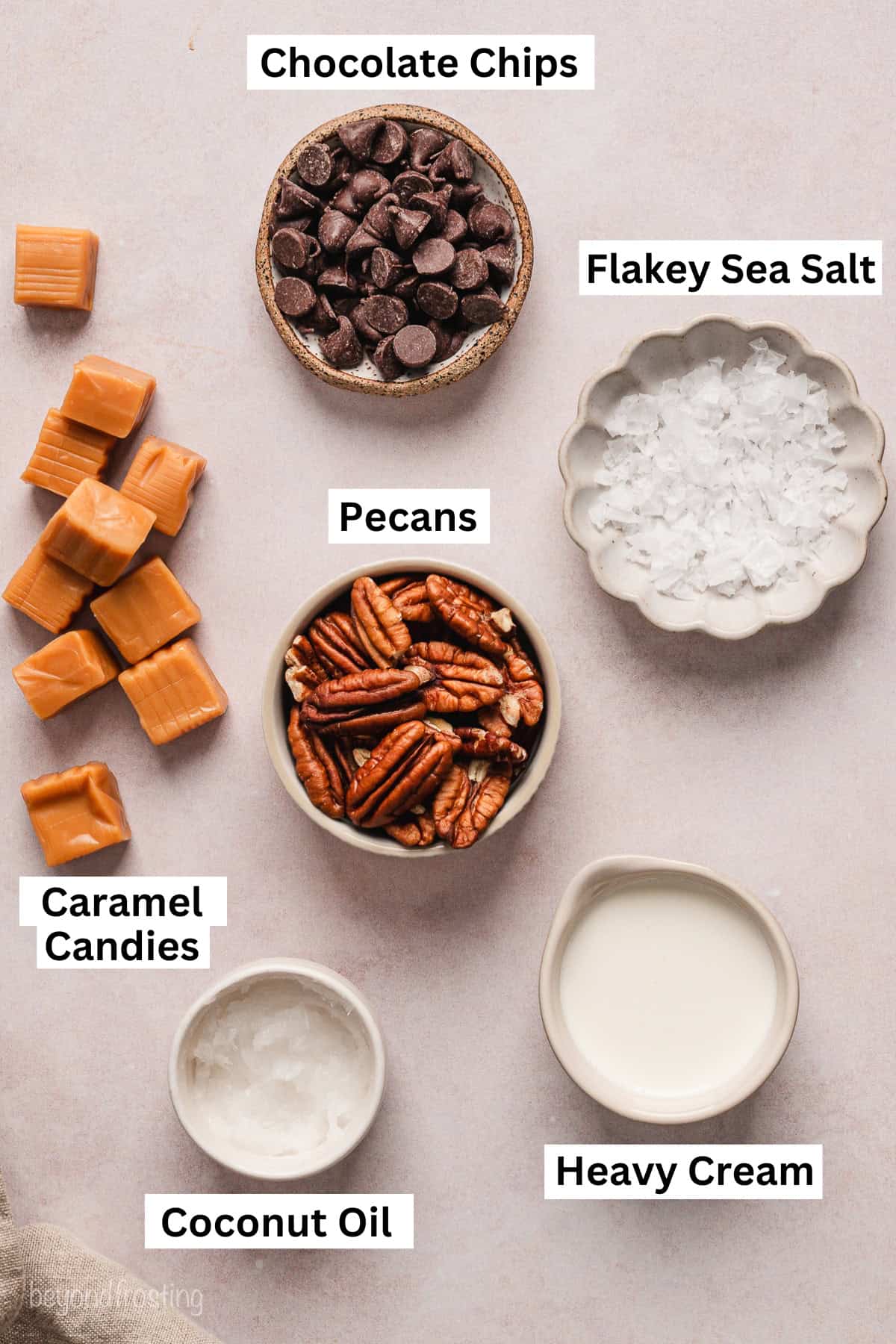 Turtle candy ingredients with text labels overlaying each ingredient.