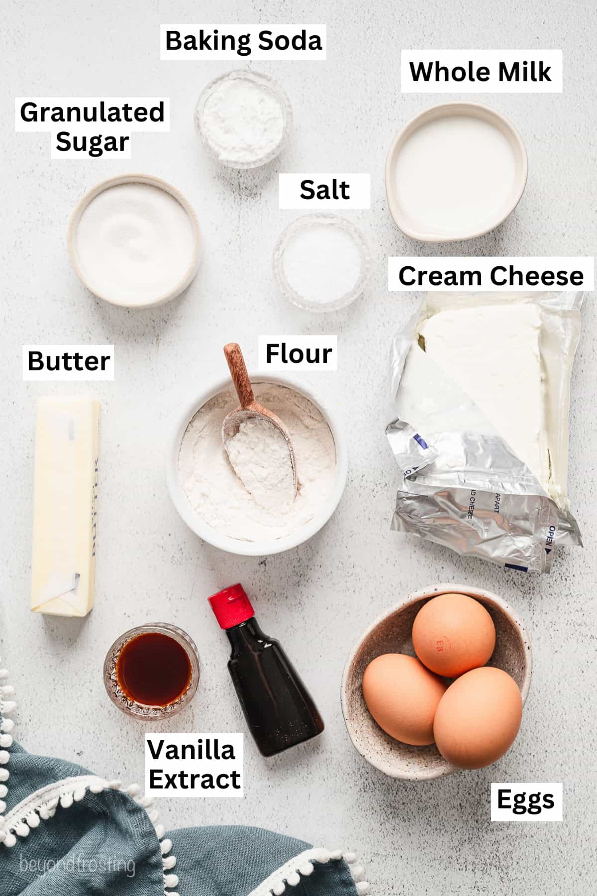 Cream cheese pound cake ingredients with text labels overlaying each ingredient.