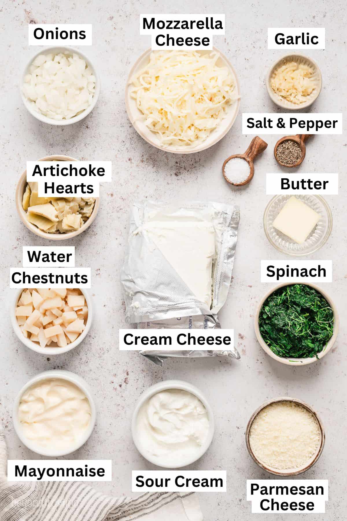 Spinach artichoke dip ingredients with text labels overlaying each ingredient.