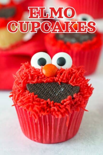 Pinterest title image for Elmo Cupcakes.