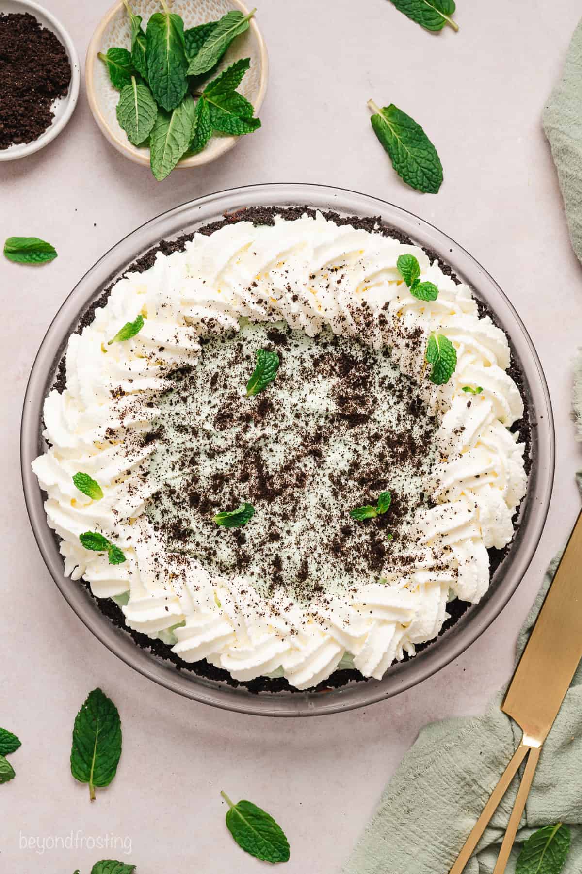 Overhead view of grasshopper pie garnished with a border of piped whipped cream and chocolate shavings.