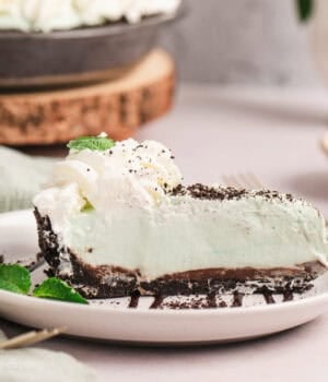 A slice of grasshopper pie on a plate.