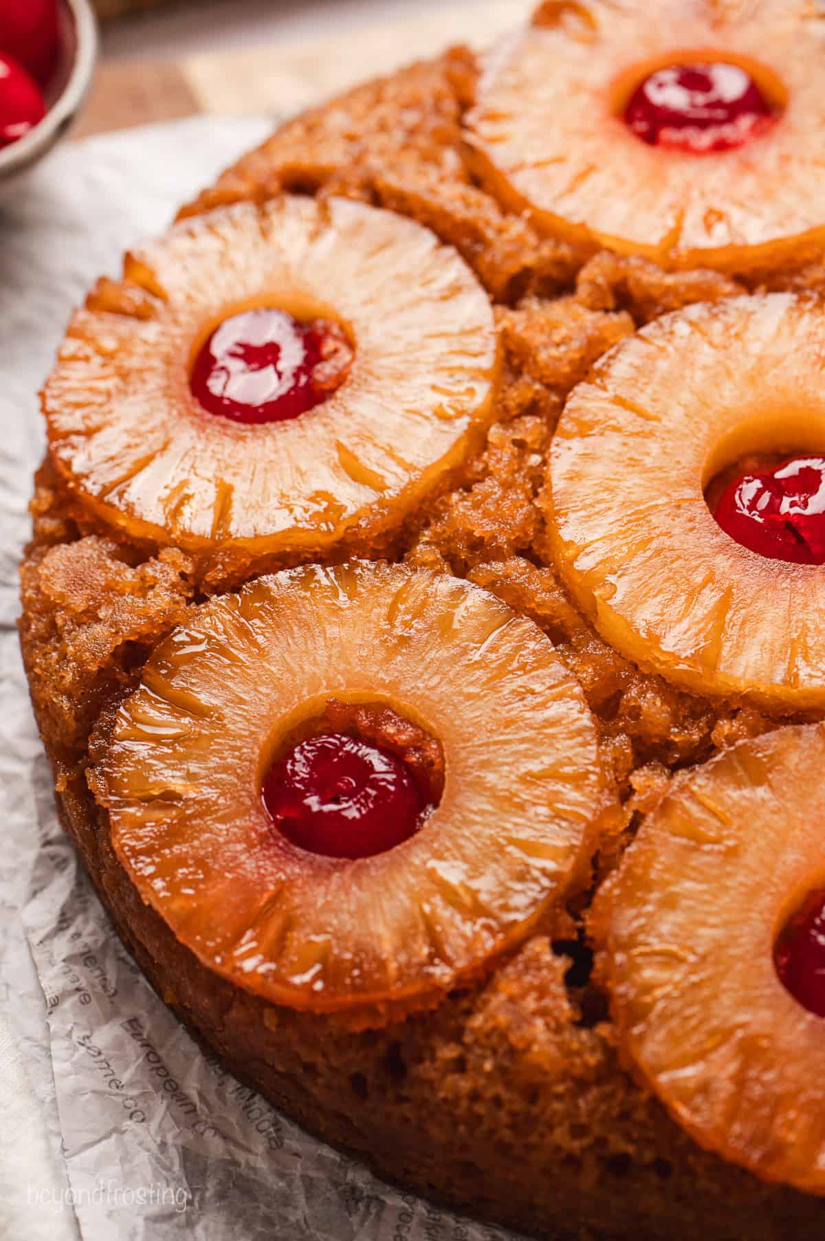 Close up of pineapple upside down cake.