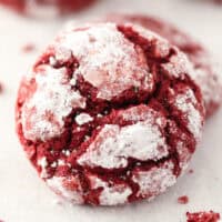 Overhead close up view of a red velvet cake mix cookie.