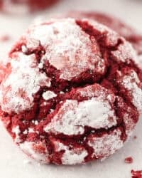 Overhead close up view of a red velvet cake mix cookie.