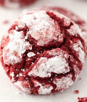 Overhead close up view of a red velvet cake mix cookie.