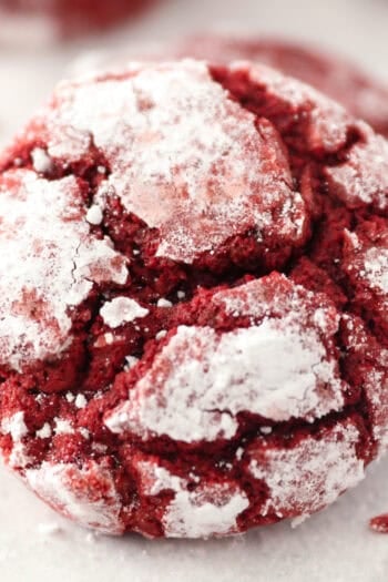 Overhead close up view of a red velvet cake mix cookie.