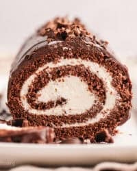 Front view of a chocolate cake roll topped with chocolate shavings, with a slice cut from the end.