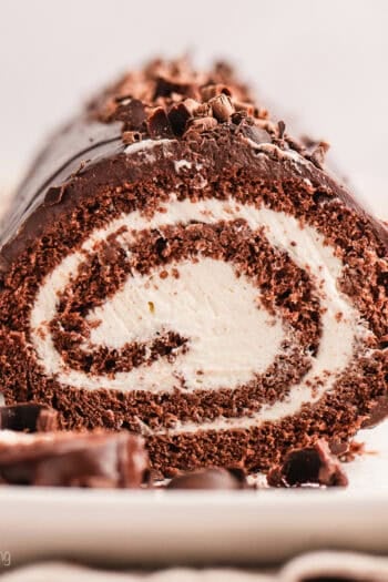 Front view of a chocolate cake roll topped with chocolate shavings, with a slice cut from the end.