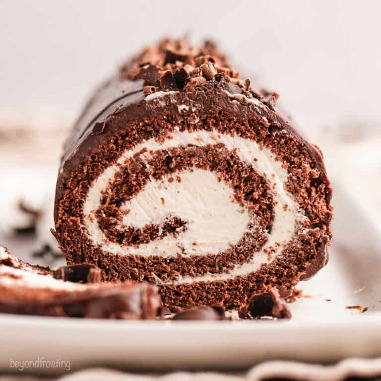 Front view of a chocolate cake roll topped with chocolate shavings, with a slice cut from the end.