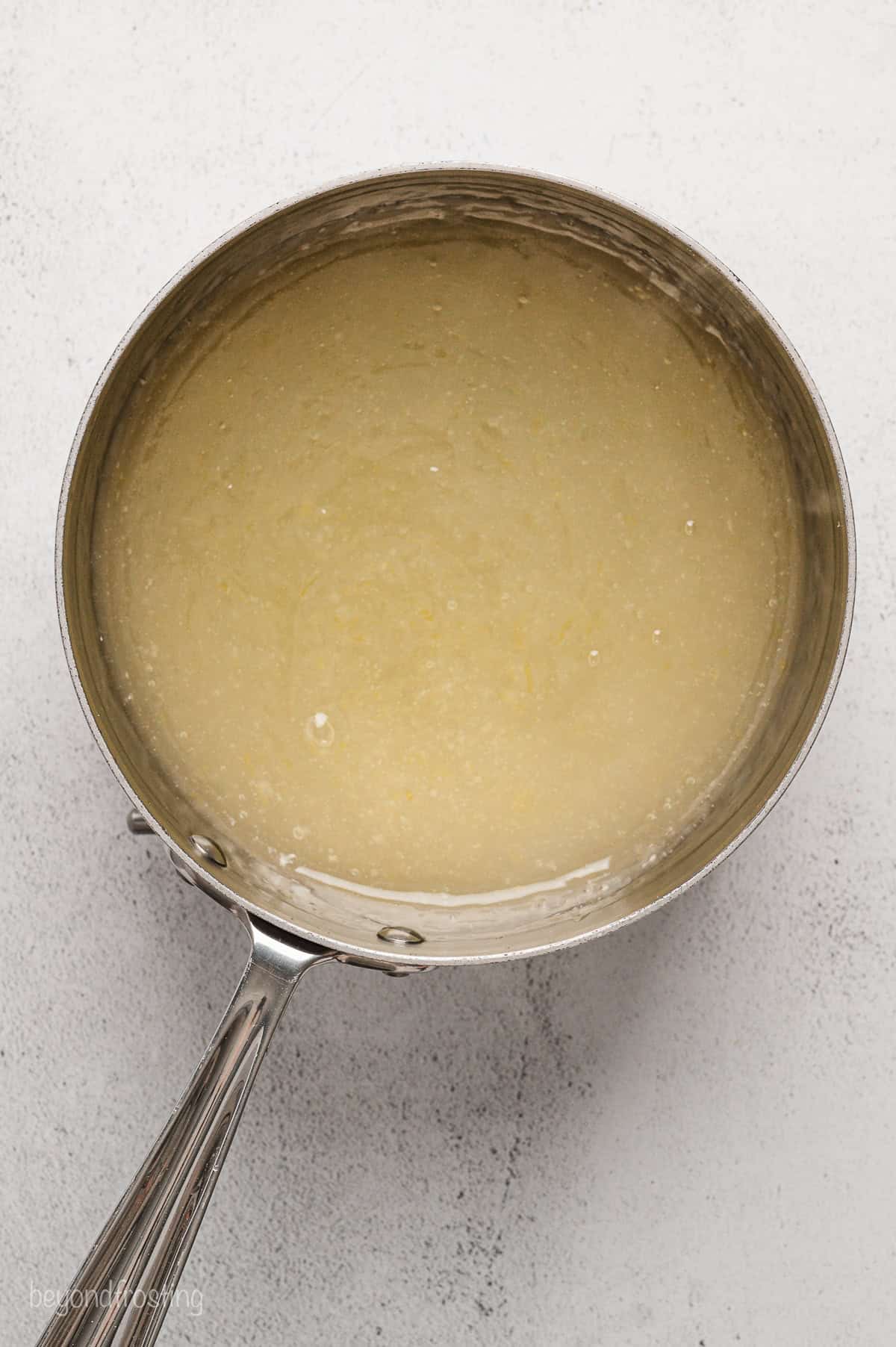 Lemon juice mixture in a saucepan.