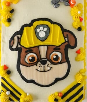 Overhead view of a Rubble Paw Patrol Cake with Rubble's detailed face in the center, decorated with a buttercream transfer.