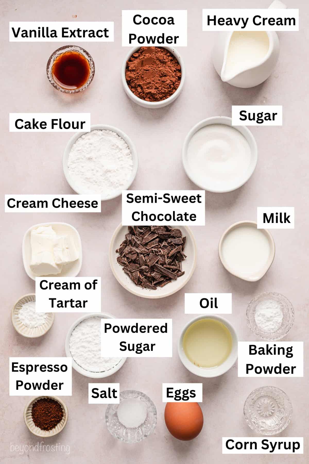 Ingredients for Chocolate Cake Roll in assorted bowls and plates