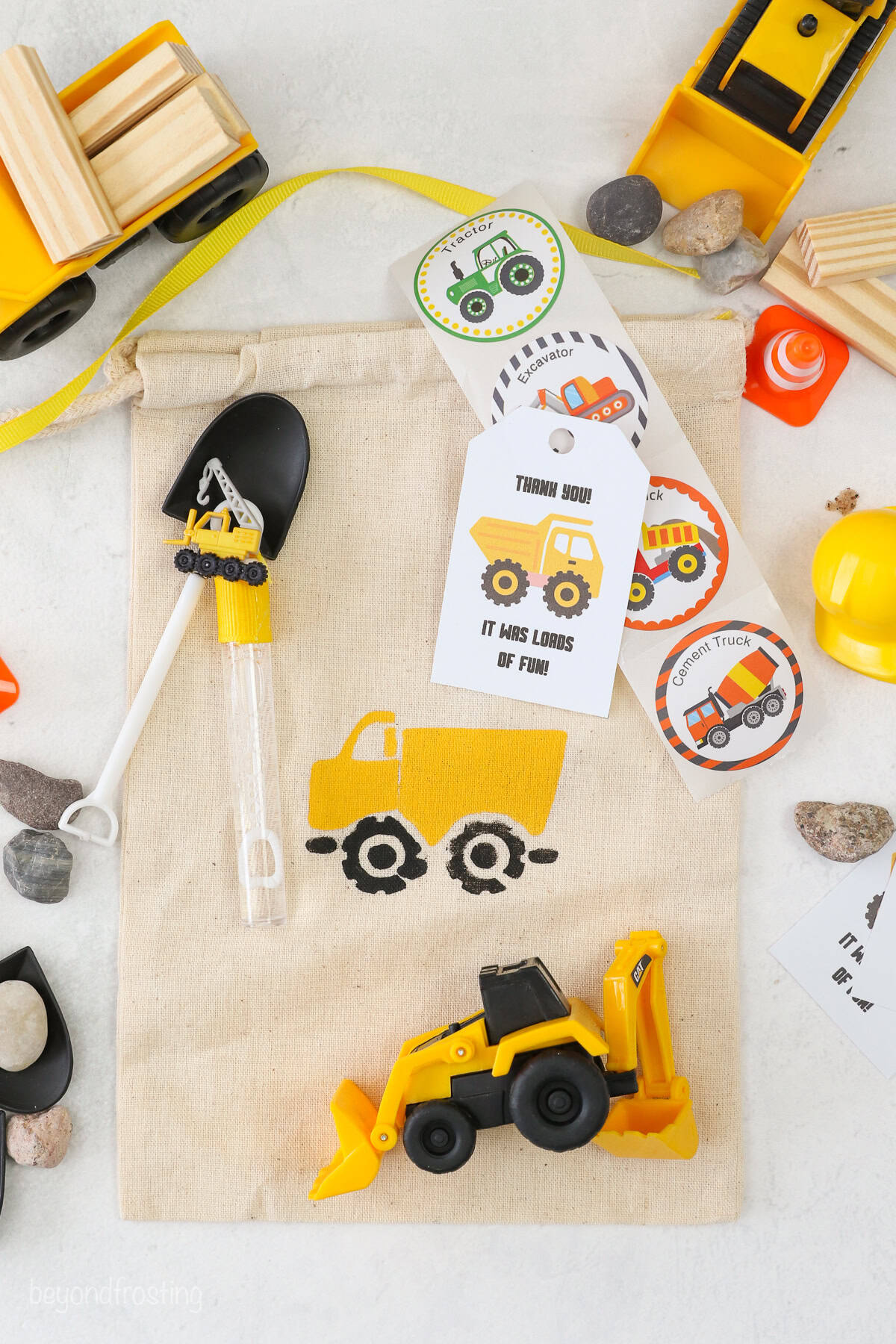 Overhead view of a custom party favor bag for young children.