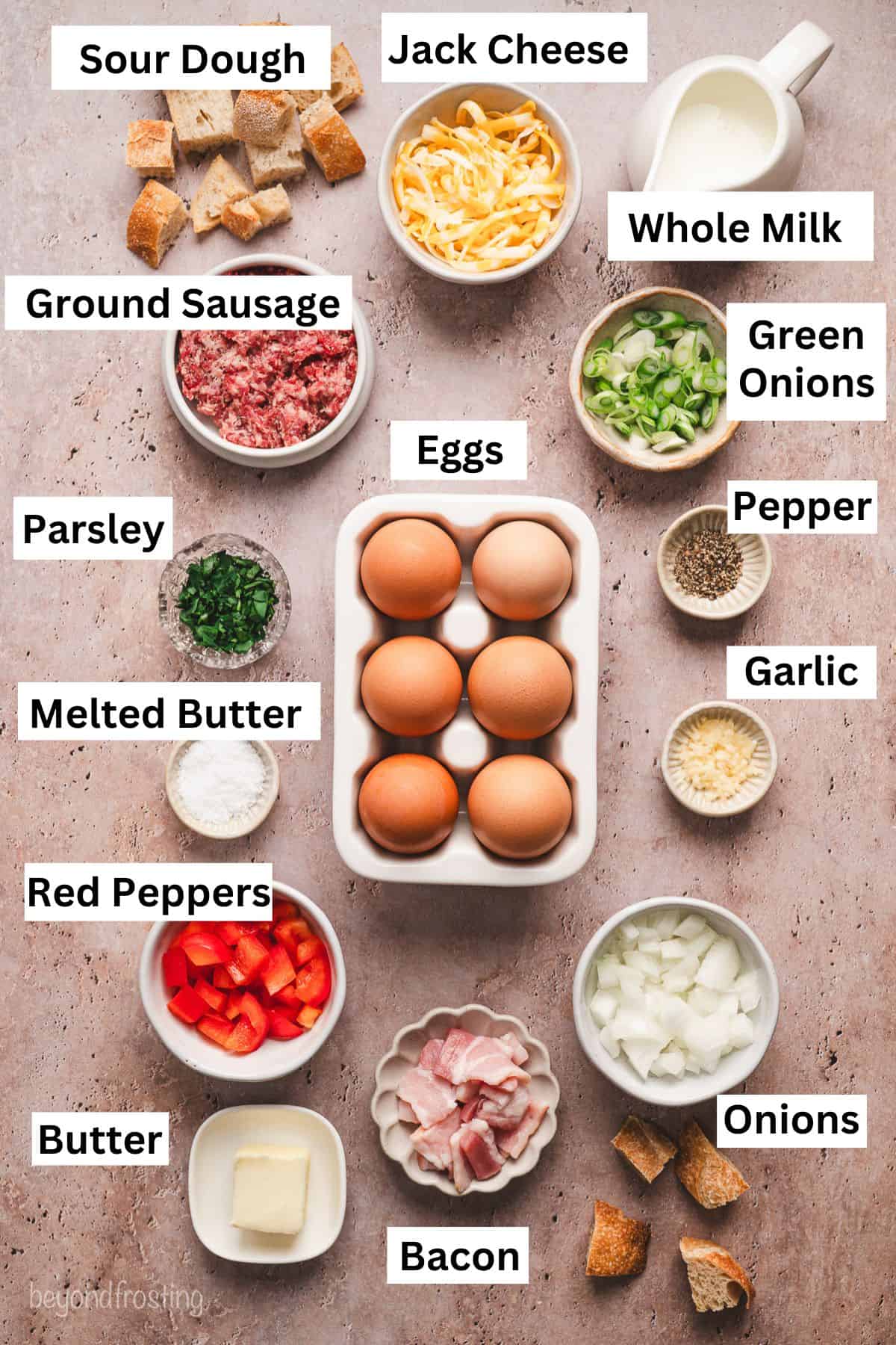Breakfast egg casserole ingredients with text labels overlaying each ingredient.