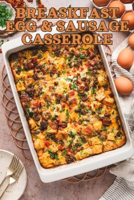 Pinterest title image for Breakfast Egg & Sausage Casserole.