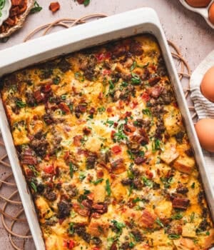 Overhead view of a breakfast egg casserole in a baking dish.