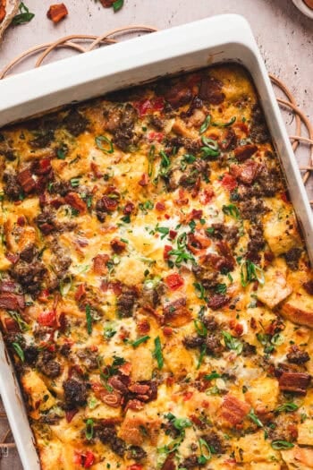 Overhead view of a breakfast egg casserole in a baking dish.
