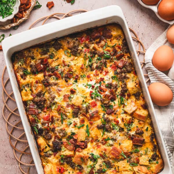 Overhead view of a breakfast egg casserole in a baking dish.