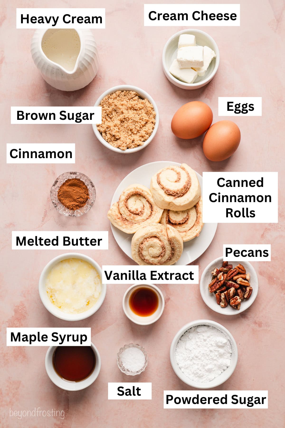 Cinnamon roll casserole ingredients with text labels overlaying each ingredient.