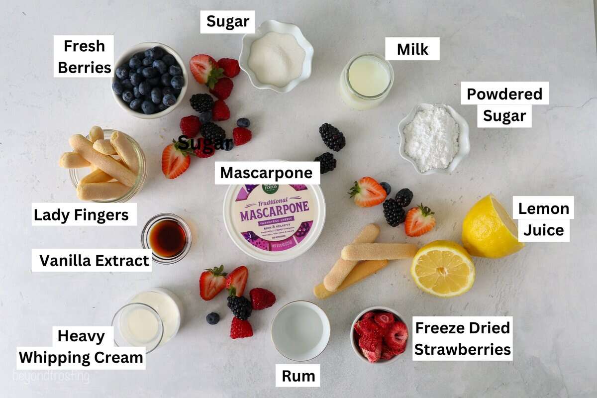 ingredients for Berry Tiramisu laid out on a table