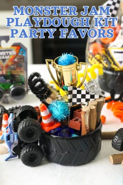 Pinterest title image for Monster Jam Playdough Kit Party Favors.